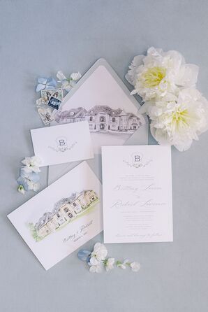 Blue-and-White Invitation Suite With Venue Illustrations