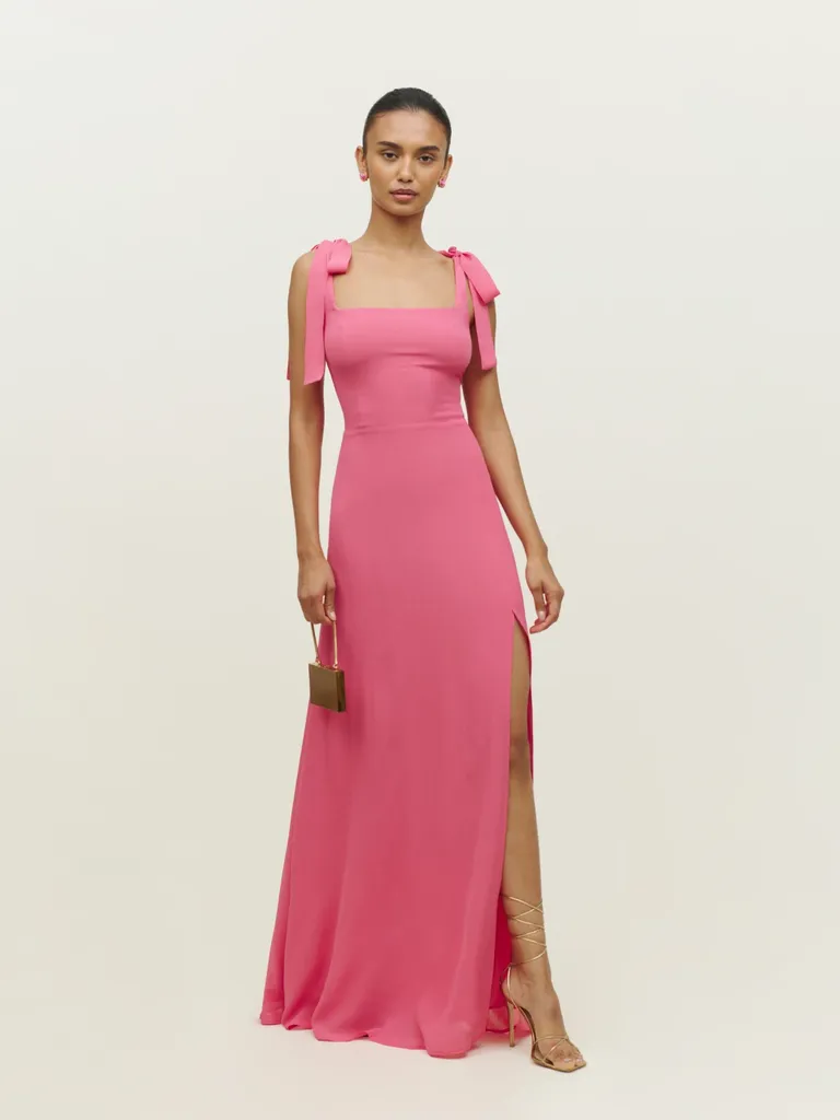 fitted floor length gown with tie sleeves in pink