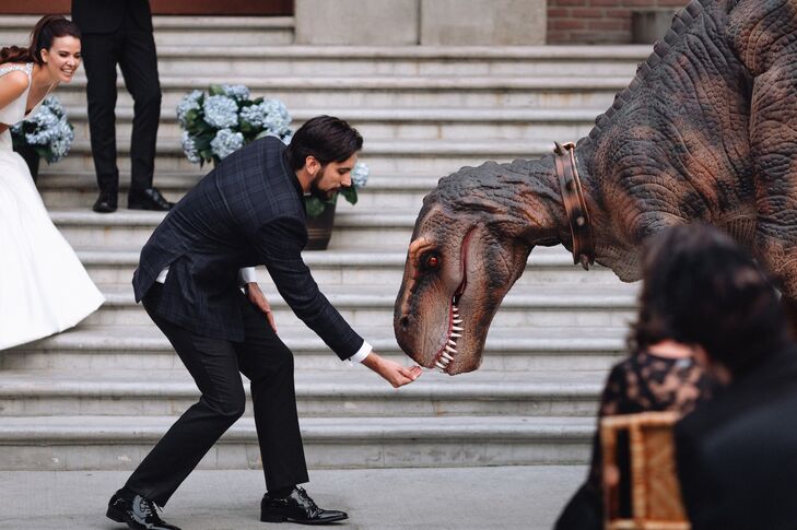 Groom with a Dinosaur Prop at Universal Studios Backlot in Hollywood