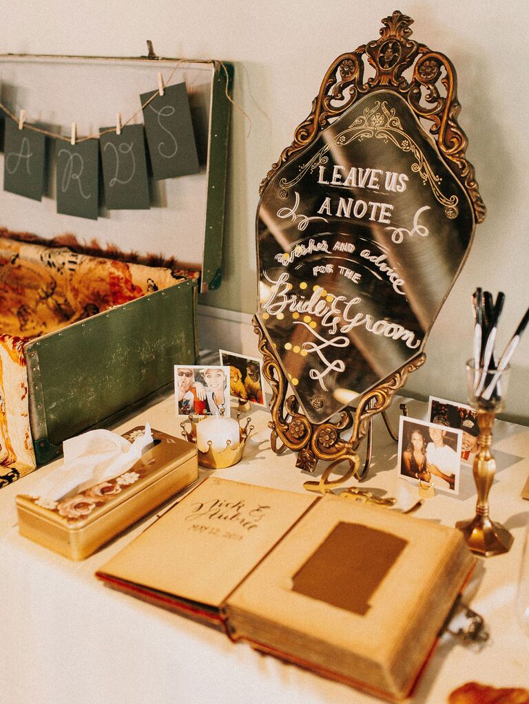 Vintage wedding guest book with antique mirrored signage