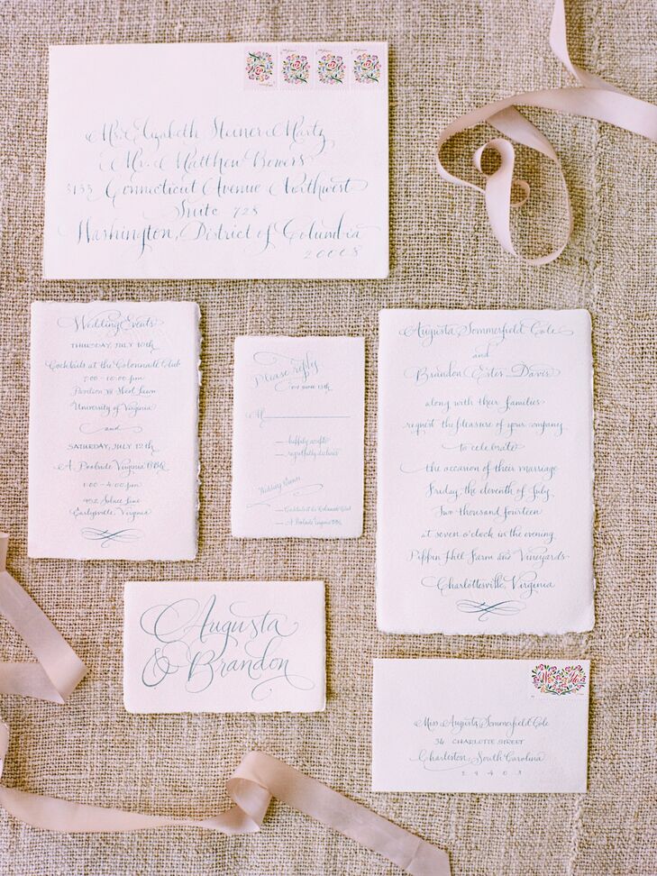 Augusta's aunt calligraphed the stationery in Grace Kelly blue ink on fine Italian paper.
