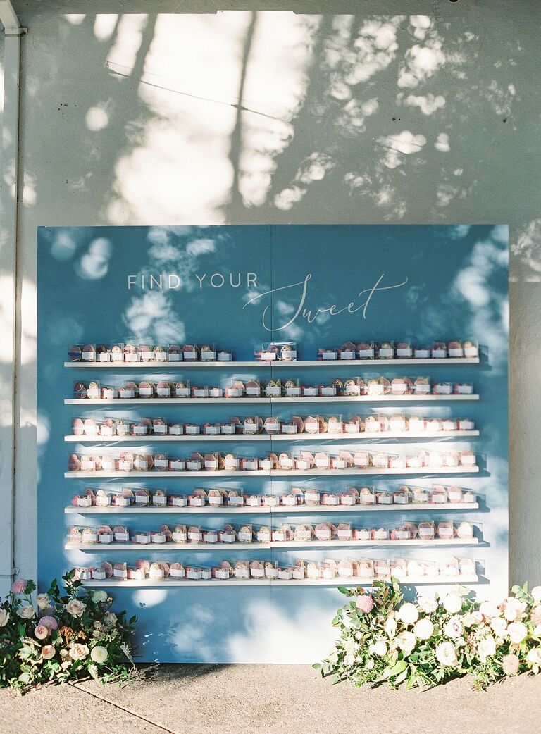 Blue and pink cookie escort card display wall