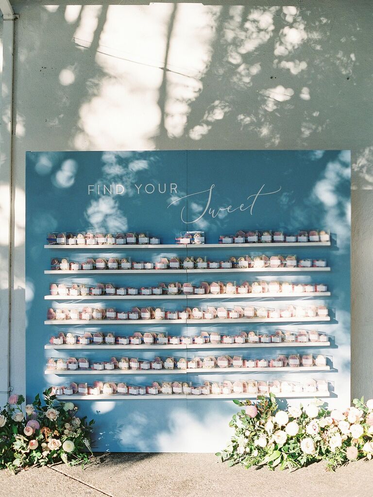 Blue and pink cookie escort card display wall
