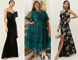 collage of three formal black-tie bridesmaid dresses
