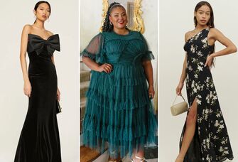 collage of three formal black-tie bridesmaid dresses