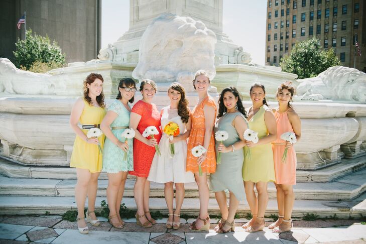 Bernice and Jason's sorbet color palette was more than evident in the bridesmaid dresses. Each woman chose a knee-length dress in a different pastel color.