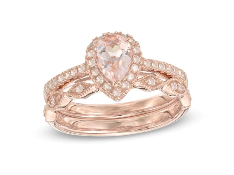 Zales pear-shaped morganite and diamond bridal set in 14K rose gold