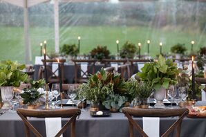 Leaf and Herb Centerpieces Accented with Metallics and Black Taper Candles