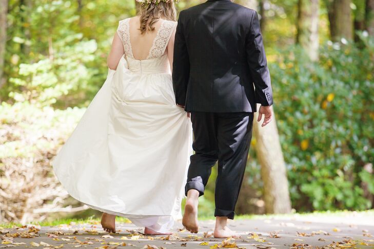 For fun, the couple decided to get married barefoot, but Eli slipped a shoe on before smashing the glass during their Jewish ceremony.