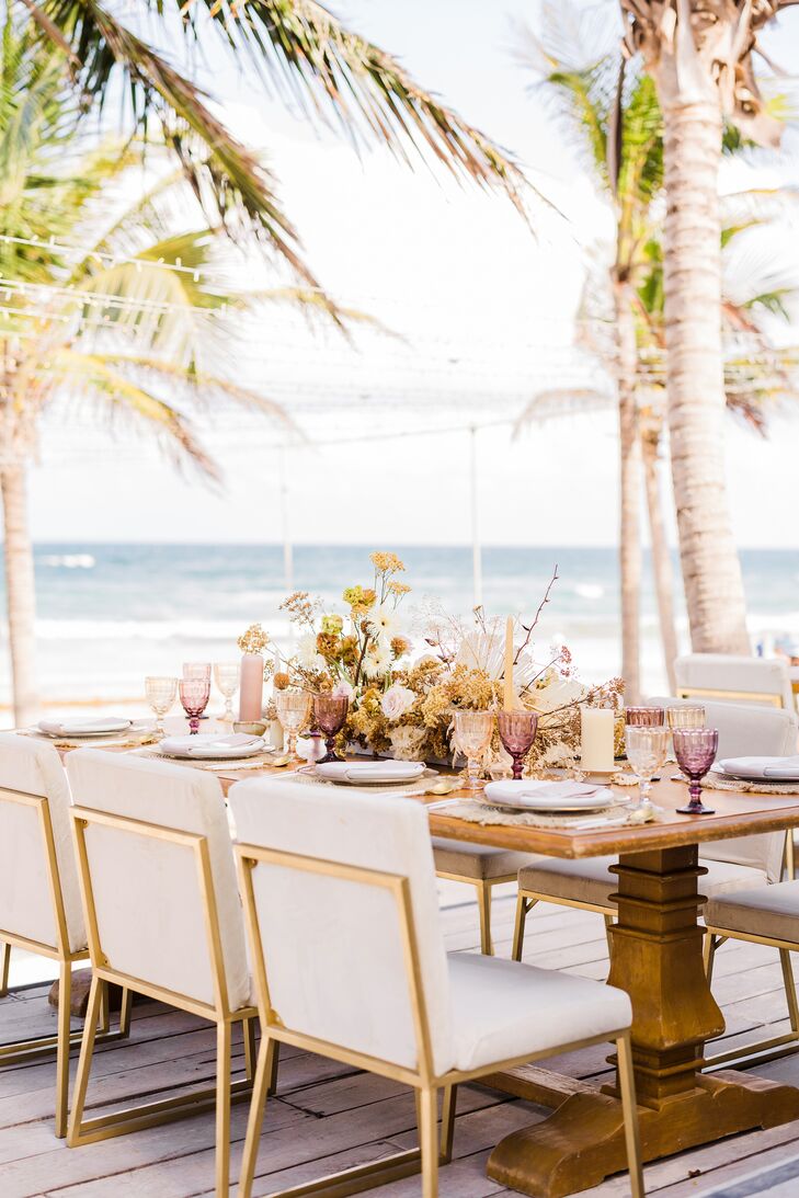 Rectangle Tables at Modern Boho-Chic Beach Wedding with Neutral Tones