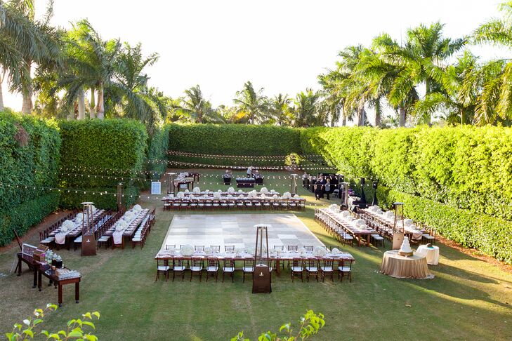 The Hyatt Regency Coconut Point Resort and Spa's courtyard Bonita Springs, Florida, had plenty of room to execute a gorgeous reception—and Lauren had specific plans on how to fill it. “I knew exactly what I wanted and did not want to veer away from my vision,” Lauren says. “From the centerpieces to the linens to the lighting and beyond, every detail was carefully thought-out.” Lines of cherrywood tables and white linens circled a matching dance floor of neutral tones so every piece of the design seamlessly fit into one another.