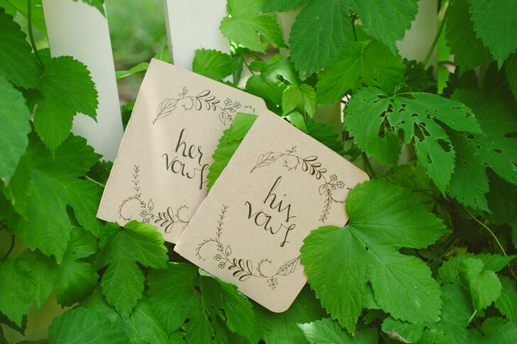 Lauren and Brian wrote their vows inside little brown booklets that read "Her Vows" and "His Vows," which they read to each other during the outdoor ceremony at Jorgensen Farms in Westerville, Ohio.