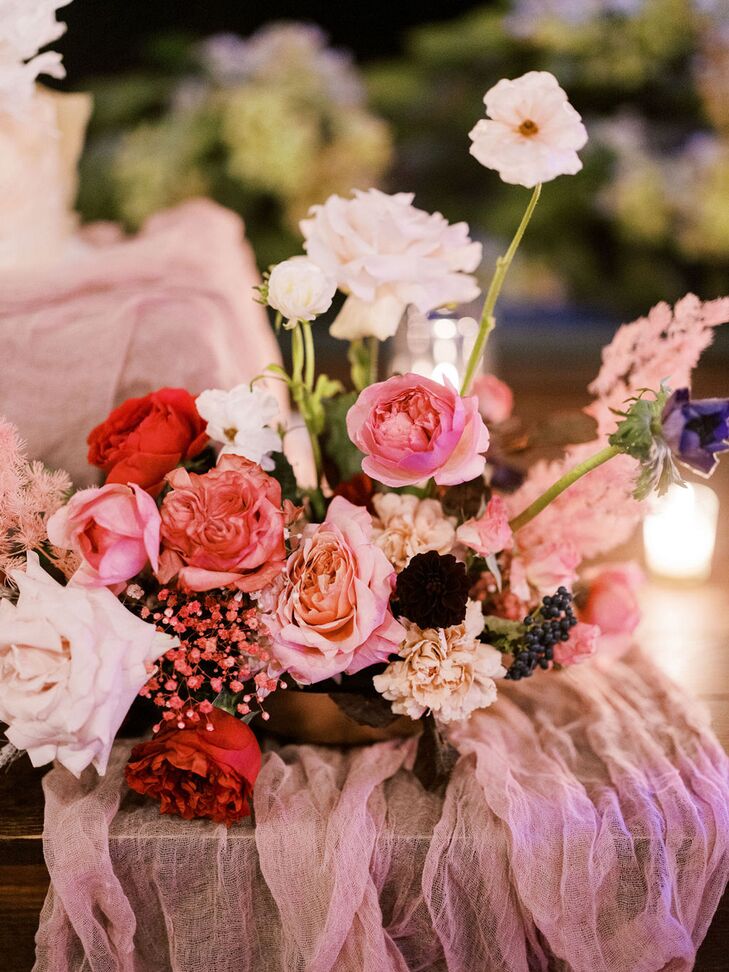 Pink, Blush, Purple and White Floral Centerpieces on Pink Tulle Runner