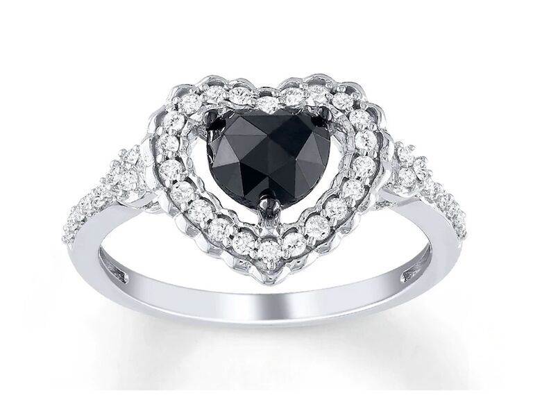 kay black diamond heart shaped engagement ring with heart shaped round diamond halo and round diamond sides