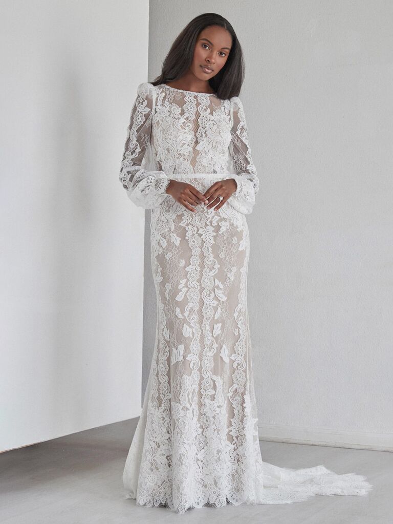 watters white lace high neck wedding dress with puffy lace mesh sleeves allover lace and flowy pleated skirt
