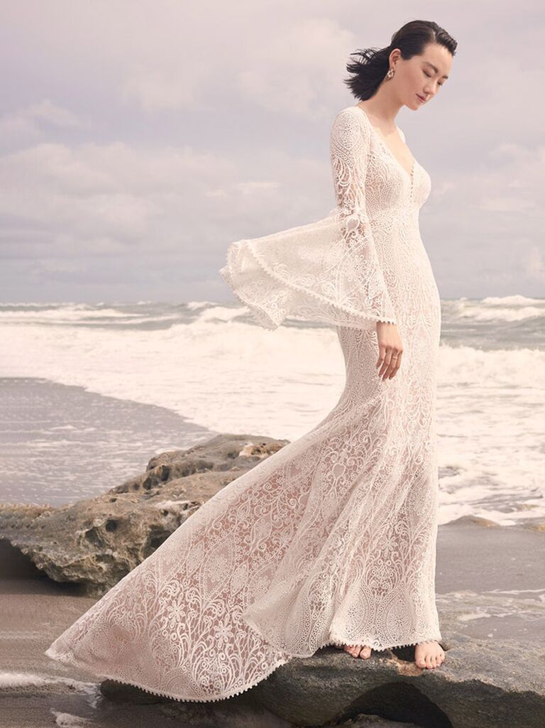 Boho Wedding Dress with Flared Bell Sleeves