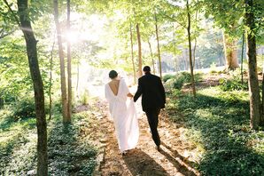 Bride and Groom on Private Walk Through Forest Together, Hand-in-Hand, After Ceremony