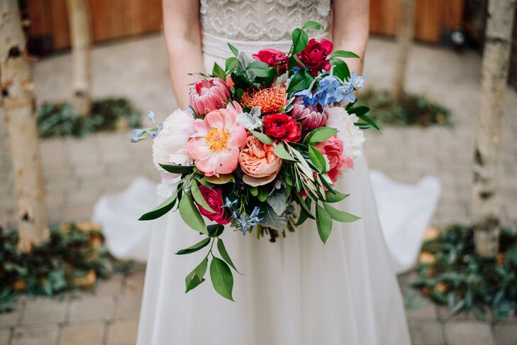 Lush, Colorful Bouquet of Roses, Peonies and Proteas