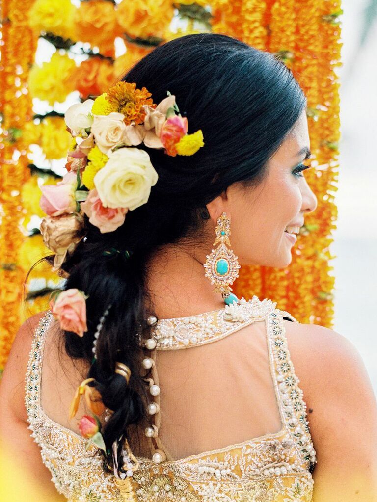 wedding updos braid with colorful flowers