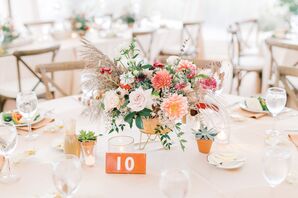 Orange Table Number and Colorful Floral Centerpiece