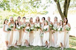 Bridesmaids in Ivory Gowns and Flower Girls with Eucalyptus Flower Crowns