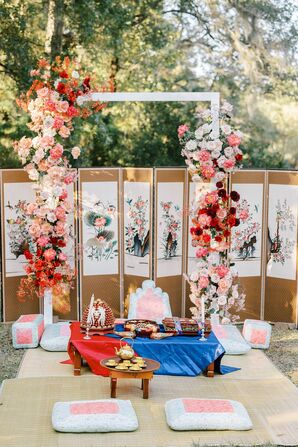 Traditional Korean Ceremony Altar for Paebaek With Floral Arch, Tea, Table