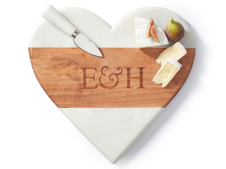 Wood and marble heart-shaped cheese board engagement party gift from parents