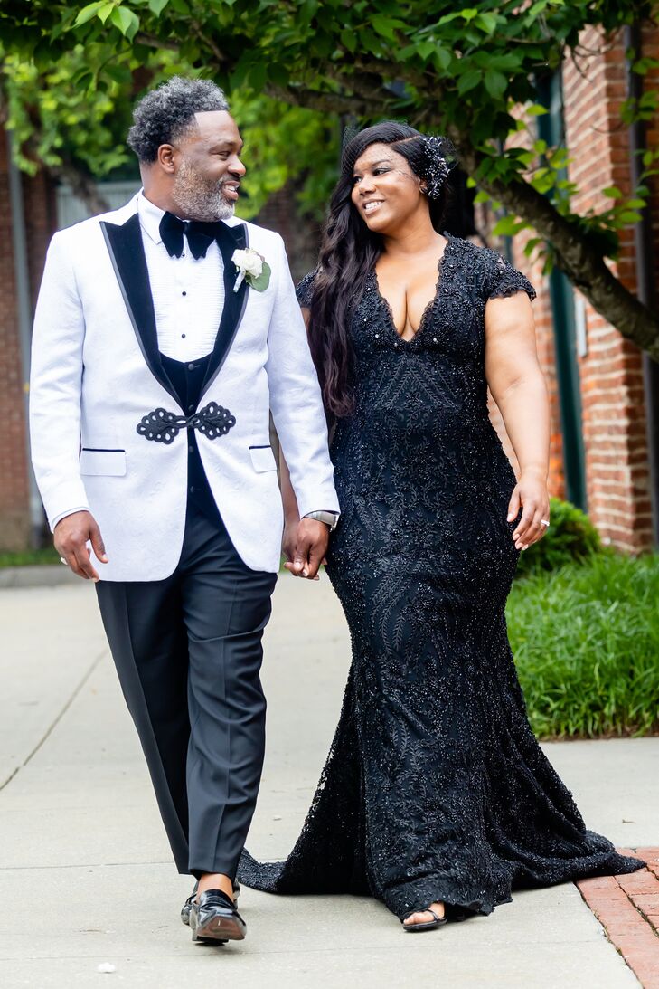 Bride in Black Wedding Dress and Groom in Black-and-White Tuxedo in Baltimore, Maryland