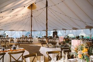 Tented Reception, String Lights and Tables With White Linen, Low Centerpieces, Minimal