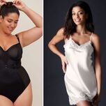two different types of sexy lingerie: a black bodysuit and a white chemise