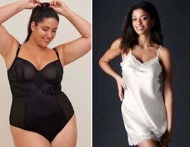 two different types of sexy lingerie: a black bodysuit and a white chemise