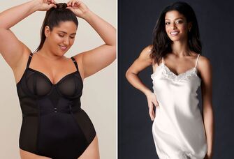 two different types of sexy lingerie: a black bodysuit and a white chemise