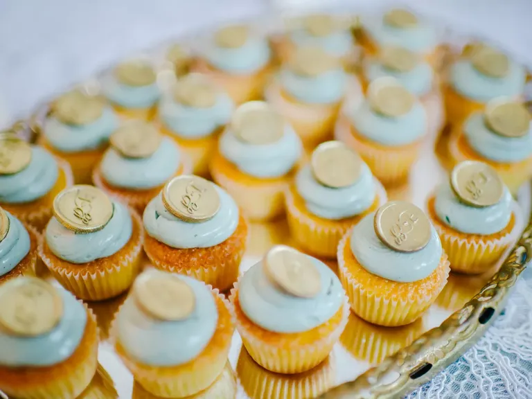 Elegant Blue and Gold Wedding Cupcakes