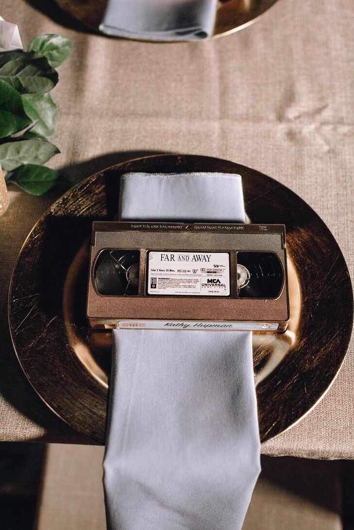 Retro VHS tape escort cards at Movie-Inspired Wedding