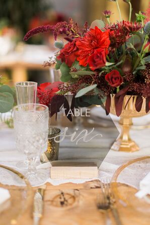 Modern Geometric Table Number and Red Floral Centerpiece