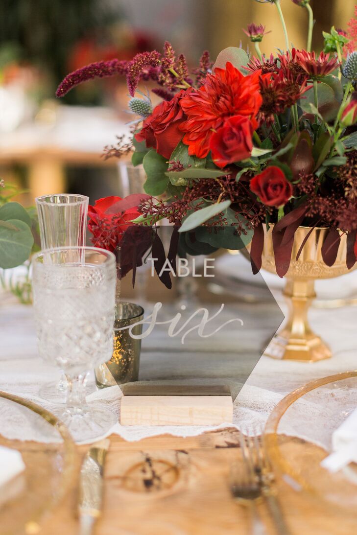 Modern Geometric Table Number and Red Floral Centerpiece