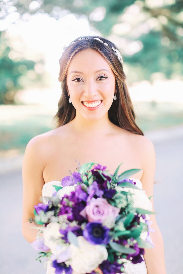Anne's headpiece was an asymmetric band of pearls and crystals "that added a bit of fairy tale," the bride says.