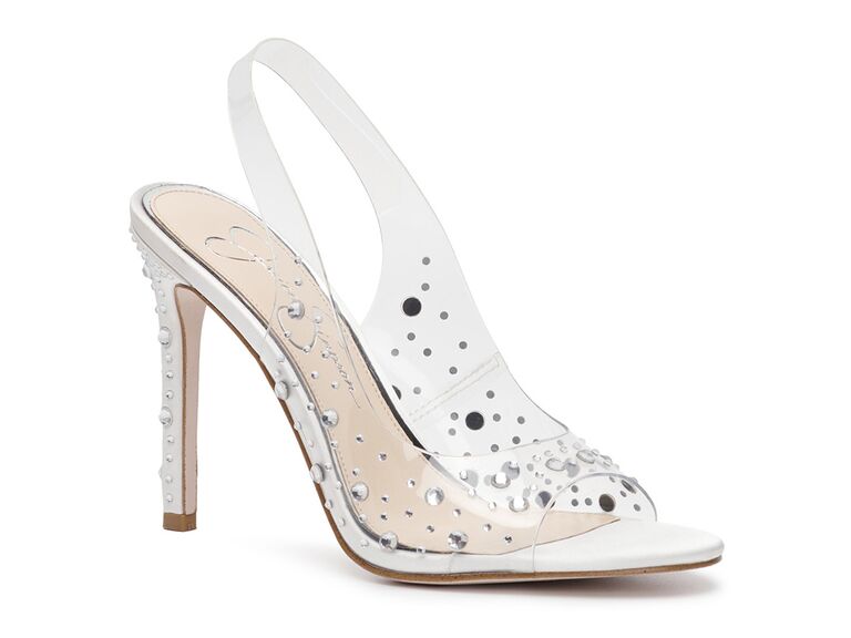 Jessica Simpson clear wedding slingback shoes with iridescent studs for a sparkly bridal look