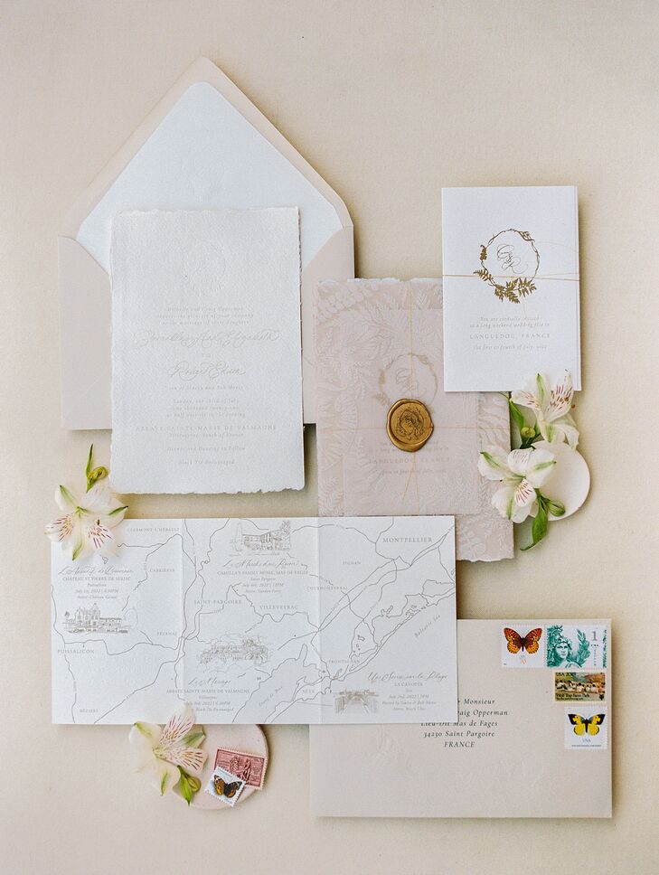 Elegant Invitation Suite for a Wedding in the South of France With Personalized Map