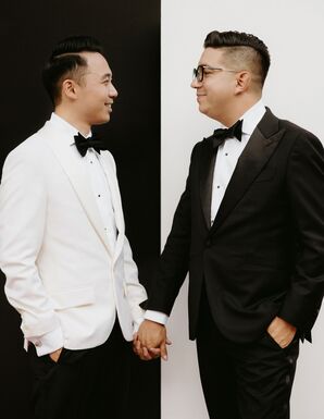 Offset Black-and-White Tuxedos With Classic Background for Two Grooms