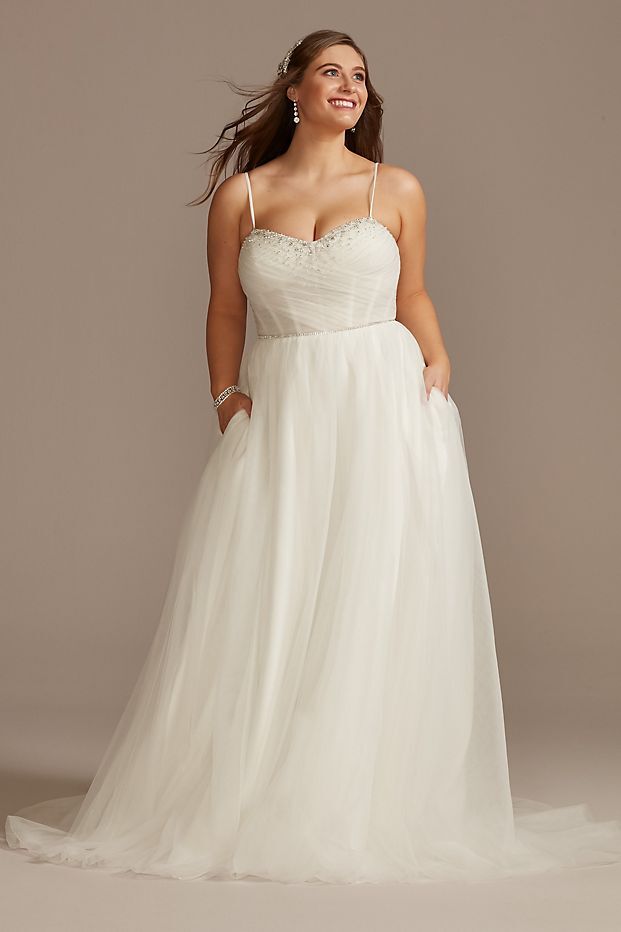 Tulle dress with pearls on neckline and spaghetti straps