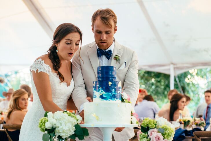 Gold and Navy Watercolor Wedding Cake