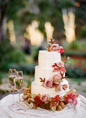 Romantic Cake with Roses and Fall Leaves