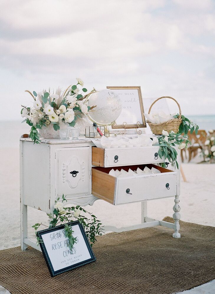 Vintage Dresser Welcome Station at Beach Wedding