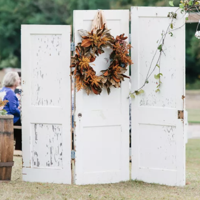 Rustic White Painted Doors with Fall Wreath Engagement Photo Prop
