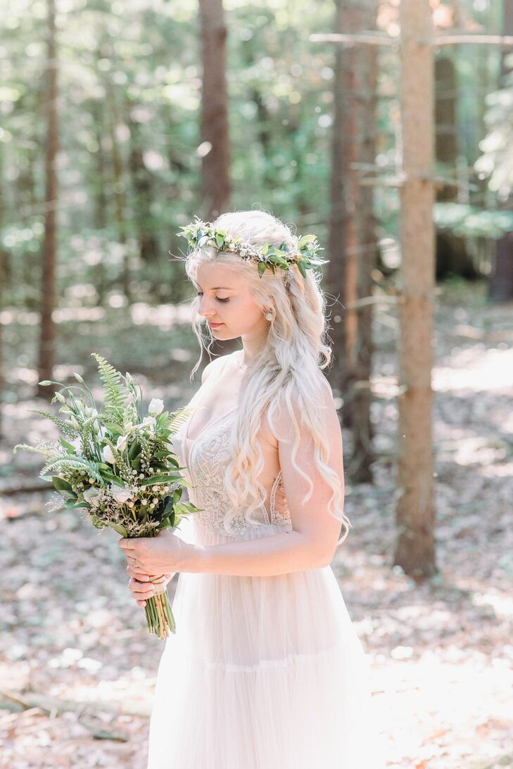 Bride With Greenery Crown and Greenery Bouquet for Woodland Wedding