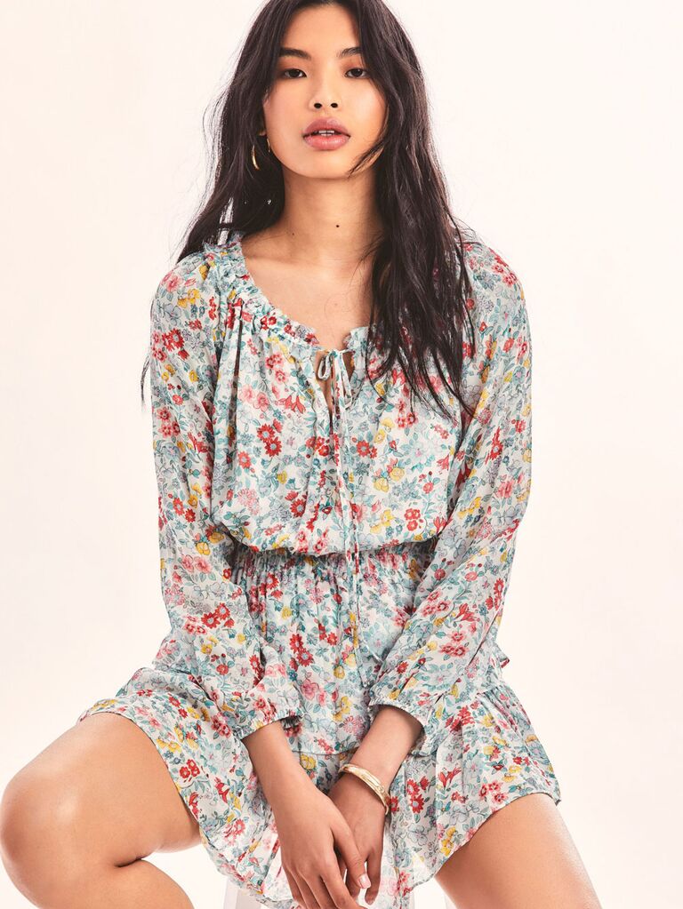 Light blue, yellow and red floral long sleeve wedding guest dress