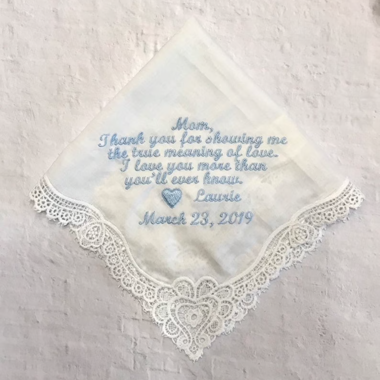 Embroidered personalized handkerchief from ABitOfAlexandria for the perfect parents gift