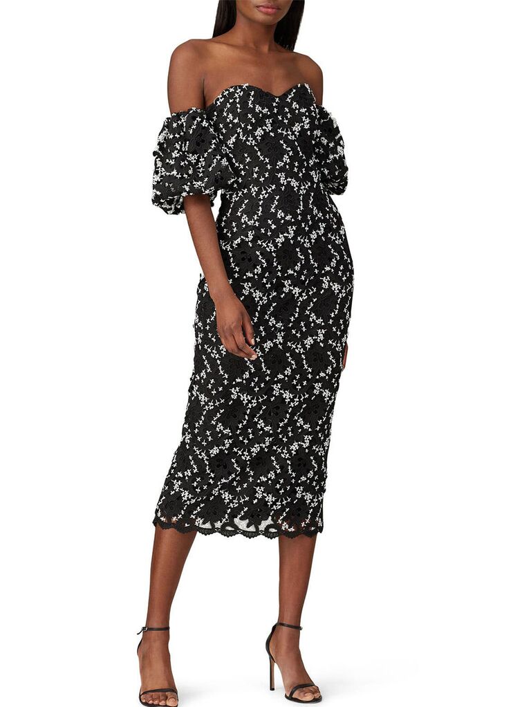 Black and white floral printed off-the-shoulder puff sleeve midi fall wedding guest dress
