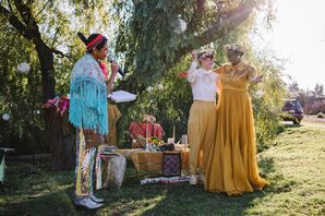 Bride in Yellow Dress, Partner in Lace Top With Flower Crowns At Altar, Native American Speaker